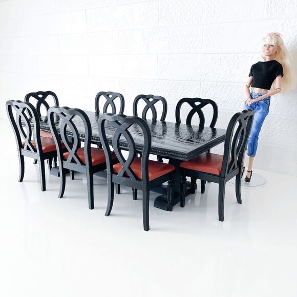 One-of-a-Kind Miniature Oak Wood Dining Trestle Table & 8 Chair Set 1:6 Scale - Picture 12 of 14